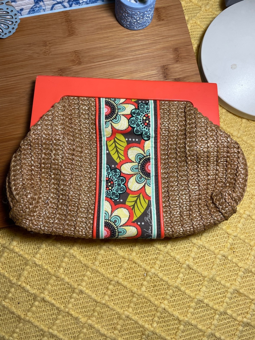 Vera Bradley Flower Shower Woven Clutch with Magnetic Close Wooden Handle